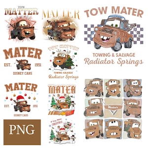 Op de afbeelding: Een verzameling afbeeldingen met het personage Takel uit de Disney Cars-franchise. De afbeeldingen tonen Takel in verschillende poses, sommige met vakantiethema's, en tekst zoals "Tow Mater", "Mater" en "Radiator Springs".