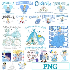 May include: A collection of Cinderella-themed graphics in shades of blue and white. Designs include Cinderella's dress, carriage, and the text "Cinderella" in various fonts. The image also features the text "A dream is a wish your heart makes."