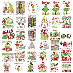 Könnte beinhalten: Eine Sammlung von Designs zum Thema Grinch, die die Figur des Grinch in verschiedenen Posen und Umgebungen zeigen. Die Designs enthalten Texte wie "Merry Grinchmas", "Grinch Squad" und "In My Grinch Era" mit einer Mischung aus festlichen und humorvollen Elementen.
