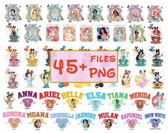 Princess Png Clipart Bundle, Princess  Birthday Png, Disney Princess Character Png, Snow White Aurora Moana Cinderella Jasmine , Disney Girl