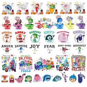 May include: A collection of colorful Inside Out character designs. The designs include characters in teacups, Halloween-themed characters, and text that reads "Anxiety", "Anger", "Sadness", "Joy", "Fear", "Disgust", "Envy", "Bing Bong", and "Ennui".