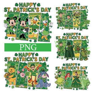 May include: A collection of St. Patrick's Day themed PNG graphics featuring Disney and Star Wars characters. Each graphic includes the text "Happy St. Patrick's Day" and shamrocks. Characters include Mickey, Minnie, Donald, Daisy, Woody, Buzz, Darth Vader, Yoda, and Disney princesses.