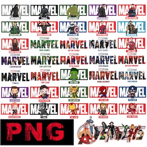 Könnte beinhalten: Eine Sammlung von Marvel-Charakterlogos, die jeweils den Namen und das Bild eines Charakters innerhalb des Marvel-Logos zeigen. Die Logos sind in verschiedenen Farben gehalten, darunter Rot, Grün und Lila. Das Bild enthält auch eine PNG-Grafik und eine Gruppe von Avengers-Charakteren.