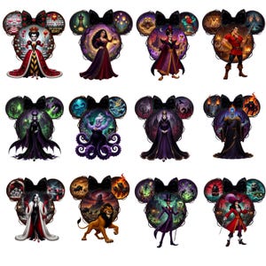 May include: A collection of twelve mouse ear headbands featuring various Disney villains and characters. Each headband has a black bow and a circular design with a character illustration. The characters include the Queen of Hearts, Maleficent, and Ursula.