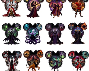 May include: A collection of twelve mouse ear headbands featuring various Disney villains and characters. Each headband has a black bow and a circular design with a character illustration. The characters include the Queen of Hearts, Maleficent, and Ursula.