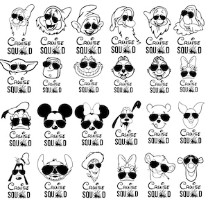 Puede incluir: Diseños de personajes de dibujos animados en blanco y negro con gafas de sol. Cada diseño tiene el texto "CRUISE SQUAD" debajo. Los personajes incluyen Disney y otras figuras de dibujos animados.