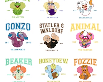 Muppets Show PNG Bundle, Retro College Muppet Shirt Designs, Vintage Varsity Kermit Miss Piggy Tier PNG, 90er Jahre Nostalgie Digitaler Download