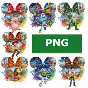 May include: A collection of colorful, cartoon-style designs featuring characters from the Toy Story franchise. Each design is shaped like Mickey Mouse ears, with a bow at the top and a different character in the center, such as Hamm, Forky, Rex, Jessie, Slinky Dog, Buzz Lightyear, and Woody.