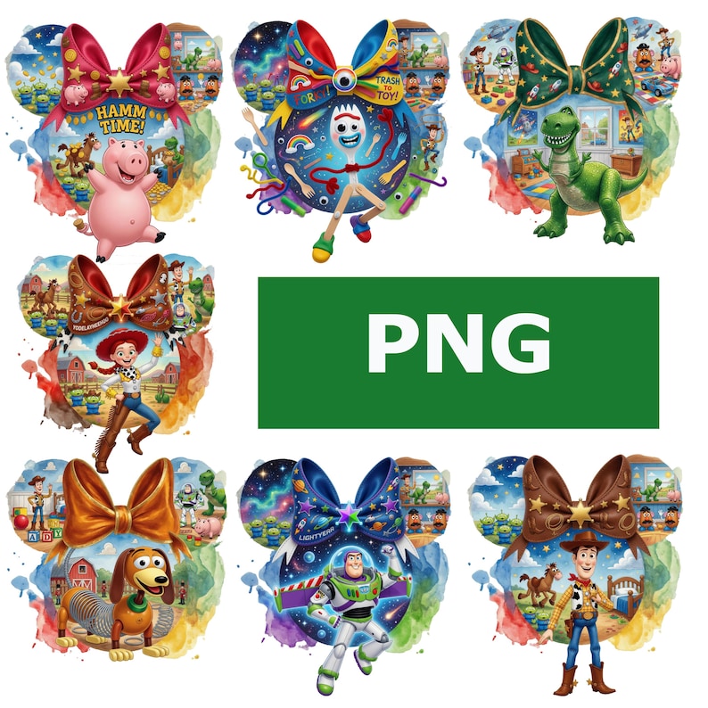 May include: A collection of colorful, cartoon-style designs featuring characters from the Toy Story franchise. Each design is shaped like Mickey Mouse ears, with a bow at the top and a different character in the center, such as Hamm, Forky, Rex, Jessie, Slinky Dog, Buzz Lightyear, and Woody.