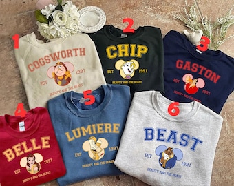 Paquete PNG de La Bella y la Bestia, PNG de la Universidad de Disney, orejas de Mickey, Bella, Bestia, Lumière, Chip, Gastón, Din Don, diseños de sublimación retro