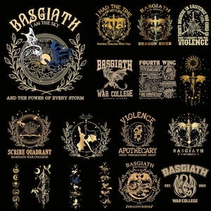 May include: A selection of gold and black graphic designs featuring dragons, swords, and botanical elements. Text includes "Basgiath War College," "Dragon Rider," and "Violence." The designs are circular and ornate, with a vintage aesthetic.