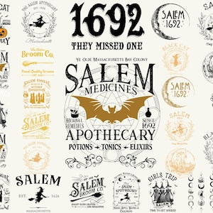 May include: A selection of vintage-style illustrations with a Halloween theme. The designs feature witches, bats, moons, and text such as "Salem Apothecary" and "Black Cat." The colour palette includes black, gold, and cream.