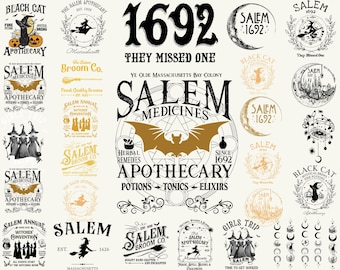 May include: A collection of vintage-style illustrations with a Halloween theme. The designs feature witches, bats, moons, and text such as "Salem Apothecary" and "Black Cat." The color palette includes black, gold, and cream.
