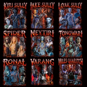 May include: A black graphic featuring nine panels with characters from the movie Avatar. Each panel has a different character's name in red text. The characters are depicted in various poses and colors.