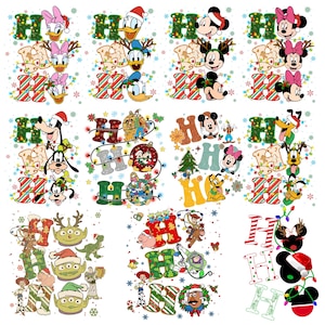 Puede incluir: Una colección de diseños navideños con personajes de Disney. Los diseños incluyen las palabras "HO HO HO" con personajes como Mickey Mouse, el Pato Donald y personajes de Toy Story, todos decorados con elementos festivos.