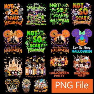 以下が含まれることがあります： Not So Scary HalloweenやMickey's Not So Scary Halloween Partyといったテキストと共に、ハロウィーンをテーマにしたシーンのディズニーキャラクターが描かれた16種類のデジタルグラフィックデザインのコレクション。黒い背景にPNG Fileのラベルが表示されています。