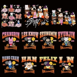 May include: Black graphic featuring Stray Kids characters in Halloween costumes. The image includes the text "Stray Kids" and individual member names with "Halloween" and the year of establishment.