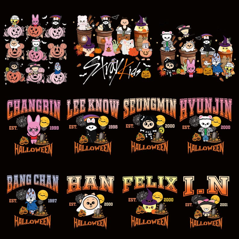 May include: Black graphic featuring Stray Kids characters in Halloween costumes. The image includes the text "Stray Kids" and individual member names with "Halloween" and the year of establishment.