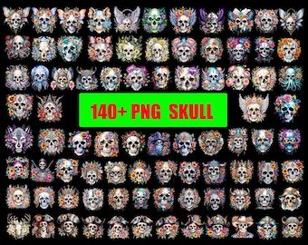 Puede incluir: Una colección de más de 140 imágenes PNG de calaveras, cada una decorada de forma única con arreglos florales, alas y otros elementos artísticos. Las calaveras son de varios colores, sobre un fondo negro.