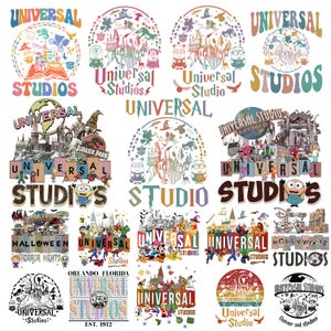 Könnte beinhalten: Eine Sammlung farbenfroher Universal Studios Logos und Designs. Die Bilder zeigen verschiedene Themen, darunter Jurassic Park, Minions und Halloween Horror Nights. Der Text "Universal Studios" wird in verschiedenen Stilen angezeigt.