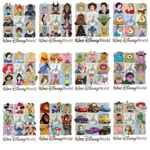May include: A collection of colorful square illustrations featuring various Disney characters, including villains, princesses, and Muppets. The "Walt Disney World" logo is displayed below each set of images.