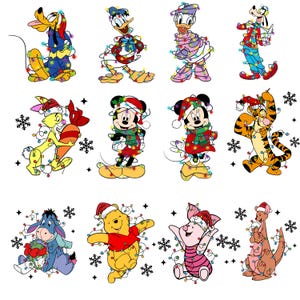 May include: A collection of cartoon characters, including Mickey Mouse, Winnie the Pooh, and Donald Duck, are wrapped in colorful Christmas lights. Each character is wearing a Santa hat and surrounded by snowflakes, creating a festive holiday theme.