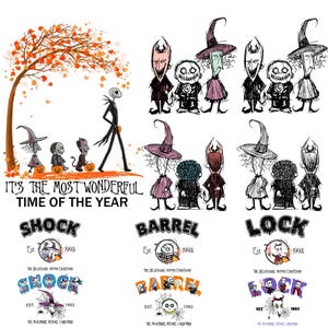 Pode incluir: Gráfico com personagens de "O Estranho Mundo de Jack". A imagem inclui Jack Skellington, junto com Shock, Barrel e Lock. O texto diz "It's the Most Wonderful Time of the Year". Gráficos adicionais incluem abóboras e uma árvore.