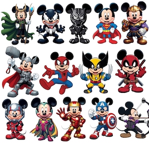 Puede incluir: Ilustraciones de personajes de dibujos animados, cada una con Mickey Mouse disfrazado de diferentes superhéroes. Los personajes incluyen a Thor, Spider-Man, Wolverine, Capitán América y otros, con trajes coloridos y detallados.