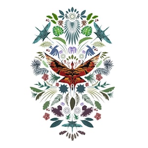 May include: A symmetrical design featuring stylized birds and flora in shades of green, blue, red, and purple. The central element is a creature with orange and black wings, surrounded by leaves and flowers. The background is white.