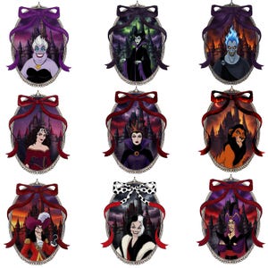 May include: Nine framed portraits of Disney villains, each within an oval frame adorned with a decorative bow. The portraits feature characters like Ursula, Maleficent, and Hades, set against a backdrop of ominous castles and skies.