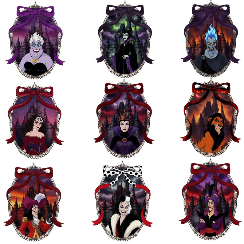 May include: Nine framed portraits of Disney villains, each within an oval frame adorned with a decorative bow. The portraits feature characters like Ursula, Maleficent, and Hades, set against a backdrop of ominous castles and skies.