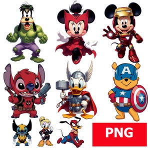 May include: A selection of cartoon characters styled as superheroes. Features Goofy as the Hulk, Minnie Mouse as Scarlet Witch, Mickey Mouse as Iron Man, Stitch as Deadpool, Donald Duck as Thor, and Winnie the Pooh as Captain America.