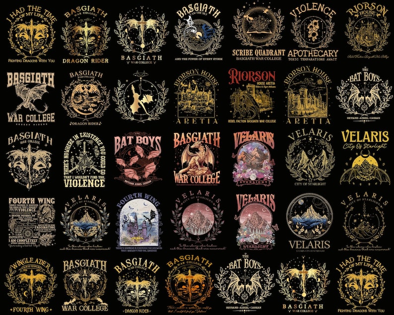 Puede incluir: Una colecci&oacute;n de dise&ntilde;os gr&aacute;ficos en oro y negro con dragones, escudos y texto. Los dise&ntilde;os incluyen frases como "Dragon Rider", "War College" y "Bat Boys". El tema general es la fantas&iacute;a y la aventura.