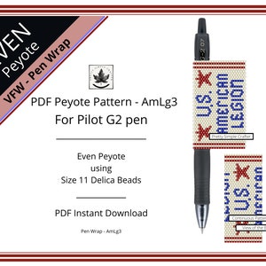 Pen Cover Pattern, AmLg3,  even count peyote stitch G2 Pilot pen wrap pattern, Instant download  American Legion