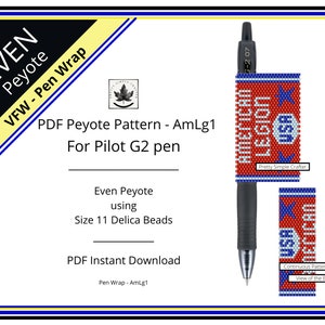 Pen Cover Pattern, AmLg1,  even count peyote stitch G2 Pilot pen wrap pattern, Instant download  American Legion