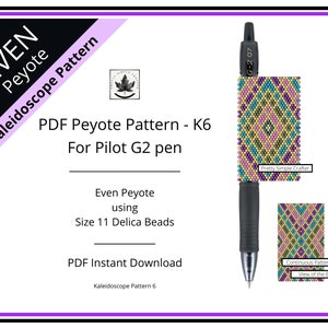 Pen Cover Pattern, Kaleidoscope Pattern 6, even count peyote stitch G2 Pilot pen wrap pattern, Instant download
