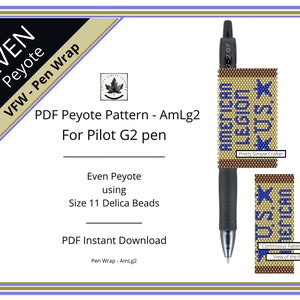 Pen Cover Pattern, AmLg2,  even count peyote stitch G2 Pilot pen wrap pattern, Instant download  American Legion