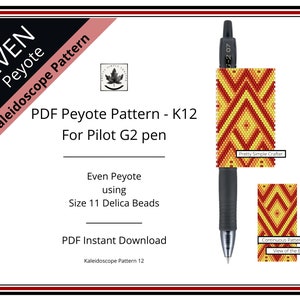 Pen Cover Pattern, Kaleidoscope Pattern 12,  even count peyote stitch G2 Pilot pen wrap pattern, Instant download