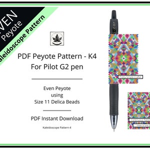 Pen Cover Pattern, Kaleidoscope Pattern 4, even count peyote stitch G2 Pilot pen wrap pattern, Instant download