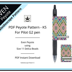 Pen Cover Pattern, Kaleidoscope Pattern 5, even count peyote stitch G2 Pilot pen wrap pattern, Instant download
