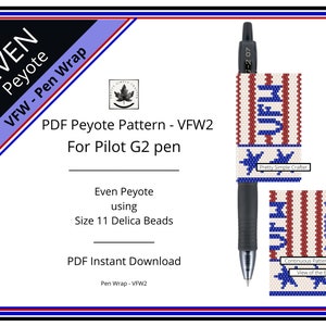 Pen Cover Pattern, VFW 2,  even count peyote stitch G2 Pilot pen wrap pattern, Instant download (VFW)