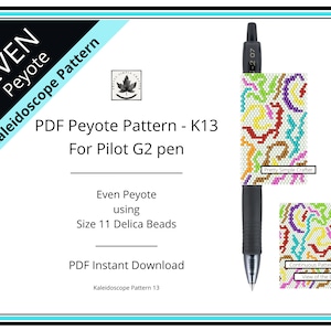 Pen Cover Pattern, Kaleidoscope Pattern 13,  even count peyote stitch G2 Pilot pen wrap pattern, Instant download