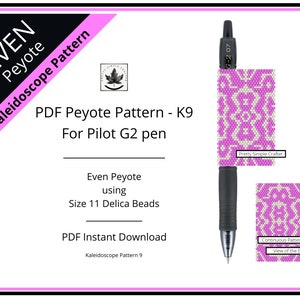 Pen Cover Pattern, Kaleidoscope Pattern 9, even count peyote stitch G2 Pilot pen wrap pattern, Instant download