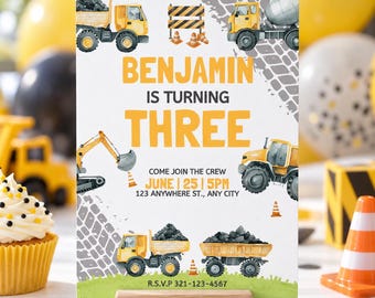Construction Birthday Invitation – Digger Truck Party, Editable Canva Template (Digital File)