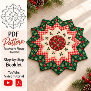 Christmas Candle Mat Sewing Pattern PDF, Patchwork Flower Table Decor