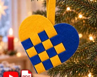 Scandinavian Woven Heart Ornament PDF Pattern, Danish Julehjerte, Felt Christmas Decoration, Video Tutorial