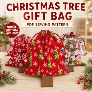 May include: Three Christmas tree-shaped fabric gift bags with drawstring closures. The left bag is red with white peppermint swirls. The centre bag is red with green trees and white snowflakes. The right bag features a festive wreath and Santa print.