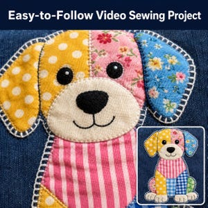 Peut inclure: Une applique en tissu représentant un chien sur un fond en jean bleu foncé. Le chien présente une oreille à pois jaunes, une oreille à fleurs roses, un museau crème et un torse à rayures roses. Le texte Easy-to-Follow Video Sewing Project est en haut.