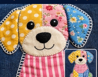 Könnte beinhalten: Eine Stoffapplikation eines Hundes auf dunkelblauem Jeansstoff. Der Hund hat ein gelbes Ohr mit Punkten, ein rosa Blumenohr, eine cremefarbene Schnauze und eine rosa gestreifte Brust. Der Text Easy-to-Follow Video Sewing Project steht oben.