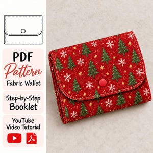 Cartamodello PDF per portafoglio in tessuto natalizio, tutorial per portafoglio con chiusura a scatto.
